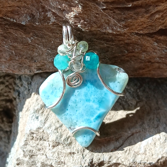 Large Larimar Pendant Sterling Silver Extraordinary Shape - Picture 14 of 15
